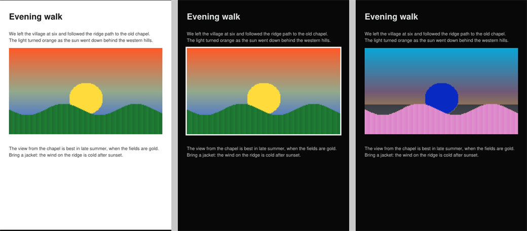 A page with a picture in the Dark theme with DocumentColorsFollowTheme off, smart (picture keeps its colors) and legacy (picture inverted)