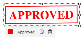 An APPROVED stamp in Edit PDF mode with its property row showing the name Approved
