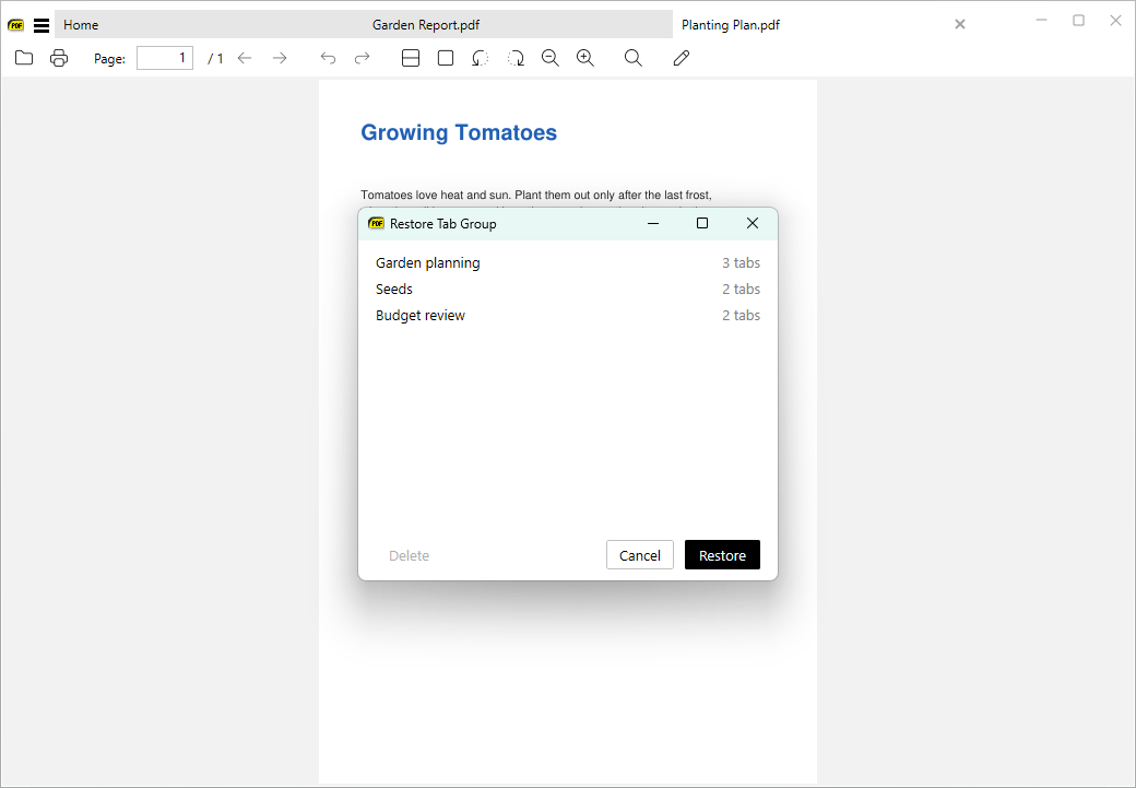 Save Tab Group and Restore Tab Group in the tab right-click menu, and the Restore Tab Group window with saved groups