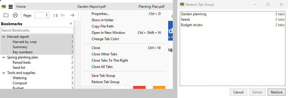 Save Tab Group and Restore Tab Group in the tab right-click menu, and the Restore Tab Group window with saved groups