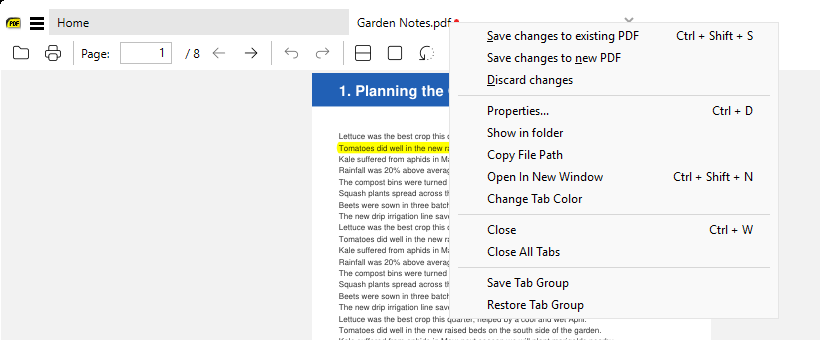 Tab context menu of a document with a new highlight annotation, with Save changes to existing PDF, Save changes to new PDF and Discard changes at the top