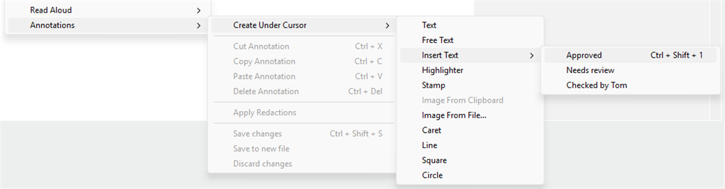Text snippets under Annotations, Create Under Cursor, Insert Text in the context menu