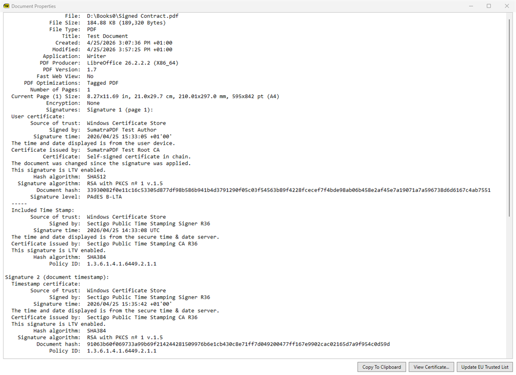 Document Properties of a signed PDF listing the included time stamp and a document timestamp signature
