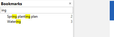The bookmarks tree filtered by &ldquo;ing&rdquo;, with the matching text highlighted