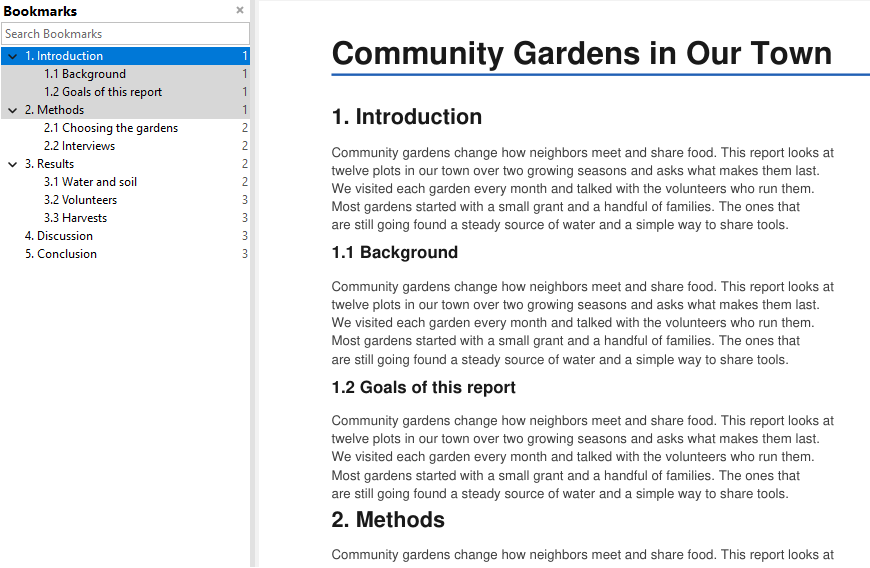 Bookmarks sidebar filled from the numbered headings of a PDF without an outline