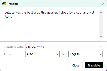 Translate dialog with the selected text, Claude Code as the translator, and source and target language drop-downs