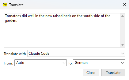 Translate dialog with the selected text, Claude Code as the translator, and source and target language drop-downs