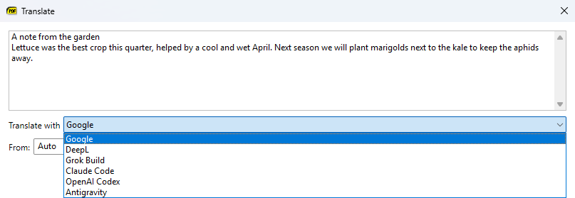 Translate dialog with the Translate with drop-down open, listing the engines