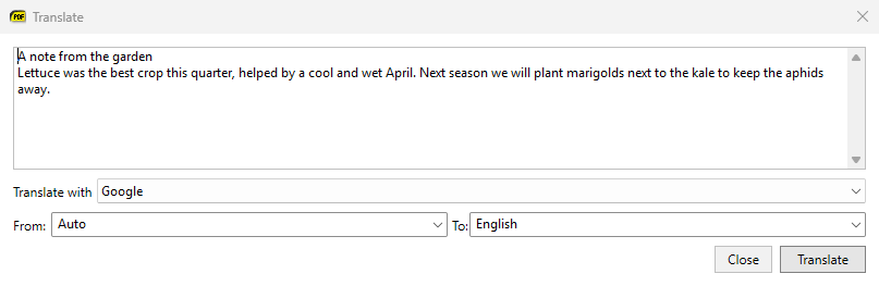 Translate dialog with the source text at the top and the engine and language controls below