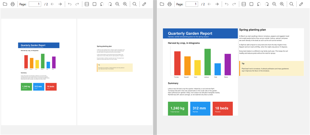Two pages with wide empty margins, and the same pages with Trim Empty Margins on