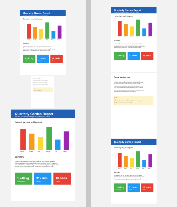 Pages of different sizes at 20% zoom, without and with Uniform Page Width