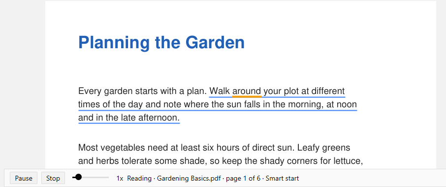 Read Aloud: the spoken sentence and word are underlined, the playback bar is at the bottom